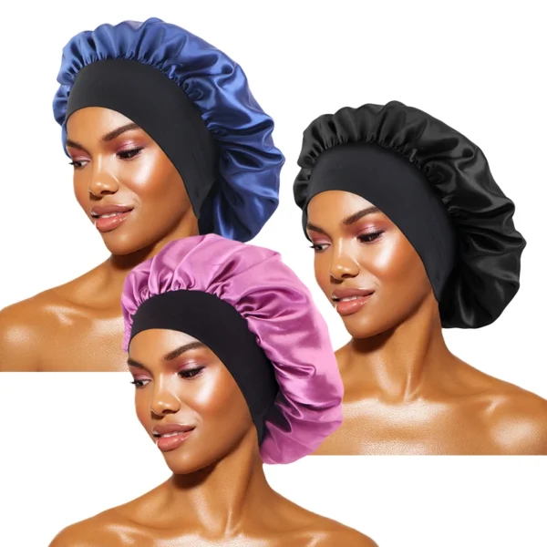 Women's Satin Solid Bonnets Wide-brimmed Night Sleeping Bathing Hat Unisex Head Wrap Elastic Band Cap Hair Care Bonnet - Image 11