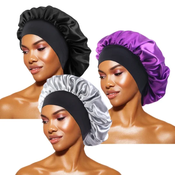 Women's Satin Solid Bonnets Wide-brimmed Night Sleeping Bathing Hat Unisex Head Wrap Elastic Band Cap Hair Care Bonnet - Image 19