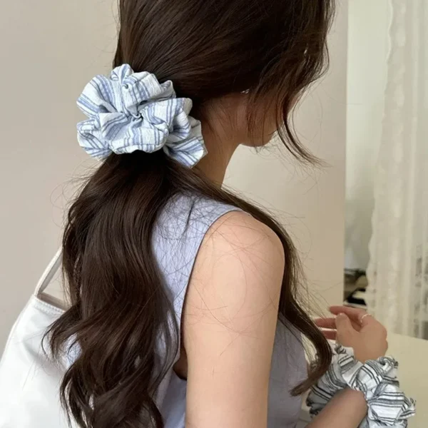 2024 Korea Fashion Stripe Hair Rubber Bands Girls Blue Scrunchie Elastic Big Hair Tie Solid Color Silk Hair Bands accessoires - Image 3