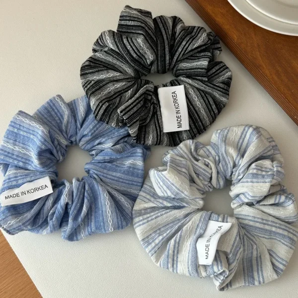 2024 Korea Fashion Stripe Hair Rubber Bands Girls Blue Scrunchie Elastic Big Hair Tie Solid Color Silk Hair Bands accessoires - Image 5