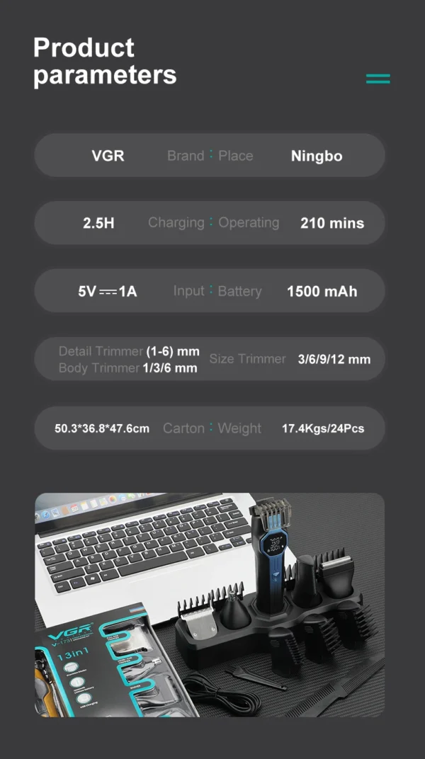 VGR V-173 5-in-1 Multifunctional Hair Trimming Set Home Full Body Hair Removal Device Nose Hair Trimmer Oil Head Carving Hair Cl - Image 15