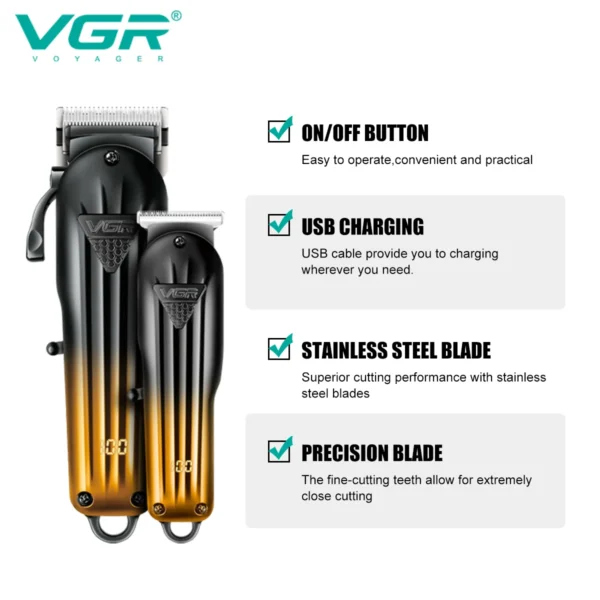 VGR 646 Hair Trimmer Professional USB Hair Clipper Rechargeable Hair Cutting Machine Barber Hair Trimmer Set LED Trimmer for Men - Image 3