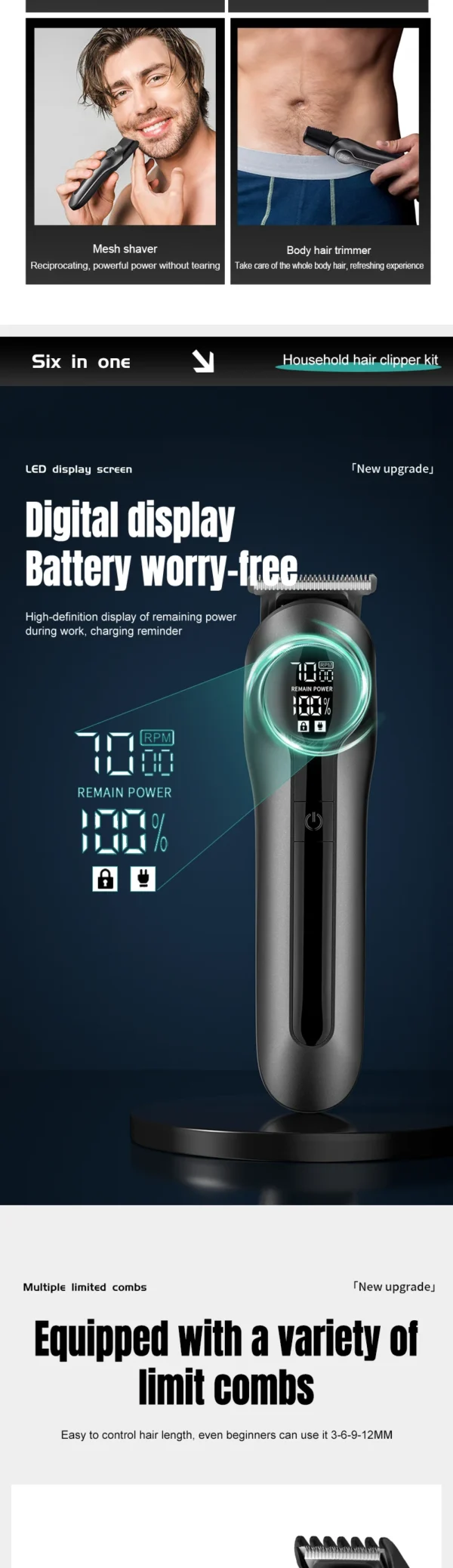 IRUIBEAUTY 986 6-in-1 Multifunctional Grooming Kit Rechargeable Waterproof Hair Clipper  Electric Shaver Nose Hair Trimmer - Image 13