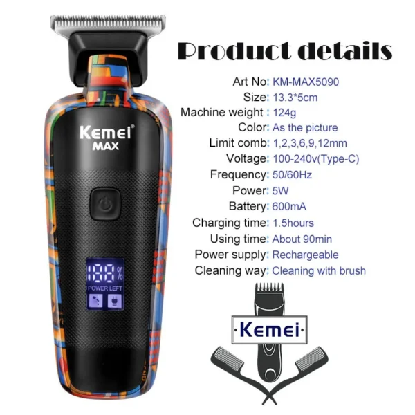 Kemei-5090 Hair Trimmers with Digital Display, Professional Barber Pusher for Men, Random Graffiti Pattern Hair Clipper Electric - Image 5