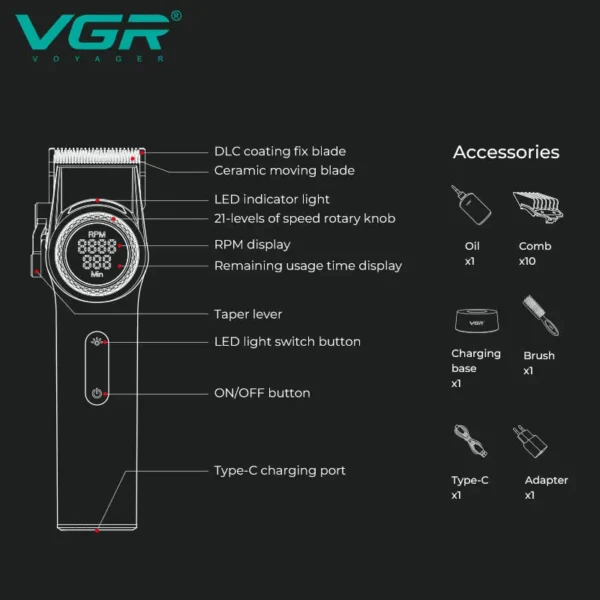 VGR 001 977 new hair trimming set high-end men's hair clipper intelligent digital display electric pusher carving and whitening - Image 5