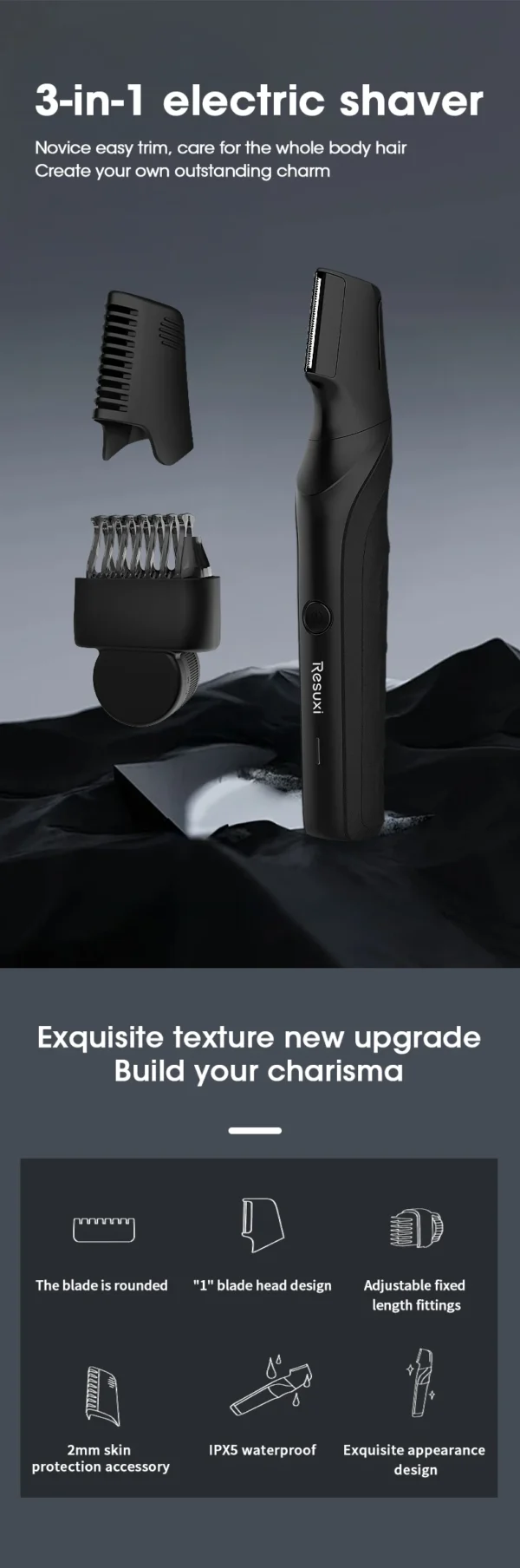 RESUXI T3 Men's 3 in 1 Multifunctional Electric Body Hair Trimmer Full Body Washable Shaver Portable Pubic Hair Clipper Razor - Image 8