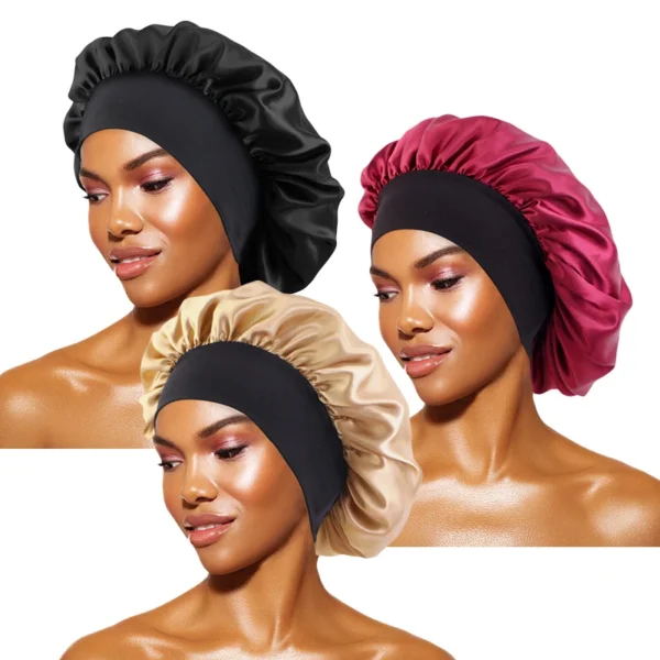 Women's Satin Solid Bonnets Wide-brimmed Night Sleeping Bathing Hat Unisex Head Wrap Elastic Band Cap Hair Care Bonnet - Image 21