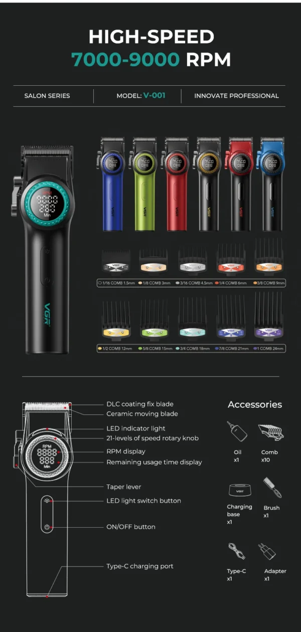 VGR 001 977 new hair trimming set high-end men's hair clipper intelligent digital display electric pusher carving and whitening - Image 17