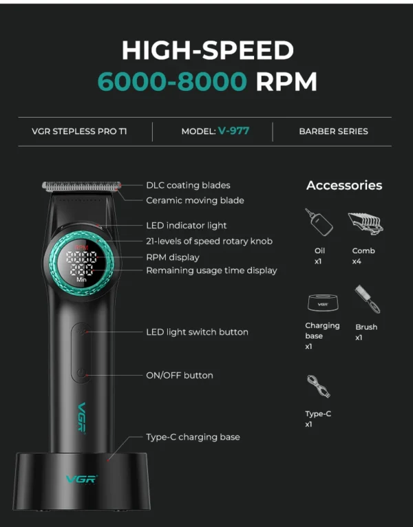 VGR 001 977 new hair trimming set high-end men's hair clipper intelligent digital display electric pusher carving and whitening - Image 25