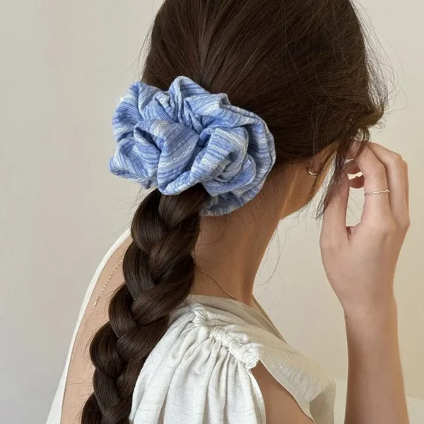 2024 Korea Fashion Stripe Hair Rubber Bands Girls Blue Scrunchie Elastic Big Hair Tie Solid Color Silk Hair Bands accessoires - Image 2