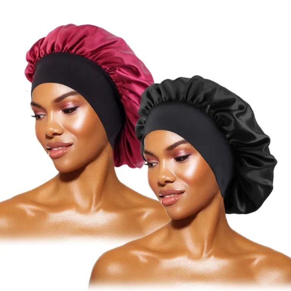 Women's Satin Solid Bonnets Wide-brimmed Night Sleeping Bathing Hat Unisex Head Wrap Elastic Band Cap Hair Care Bonnet - Image 23