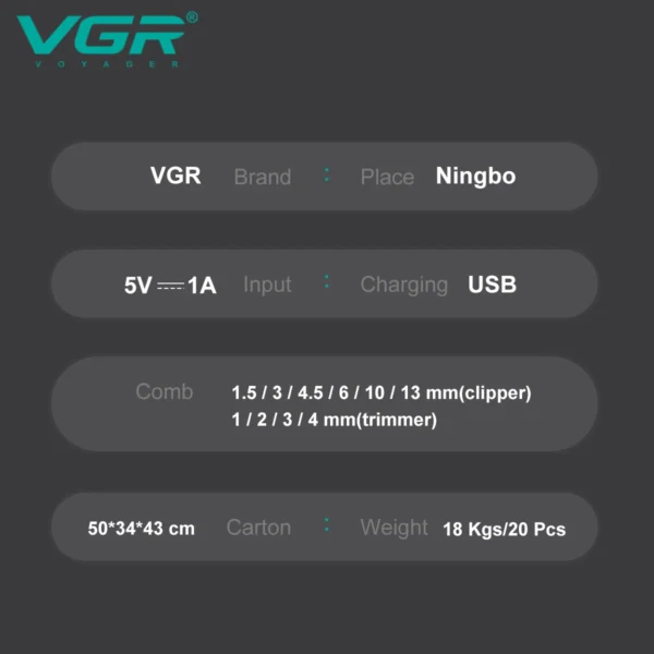 VGR 646 Hair Trimmer Professional USB Hair Clipper Rechargeable Hair Cutting Machine Barber Hair Trimmer Set LED Trimmer for Men - Image 5