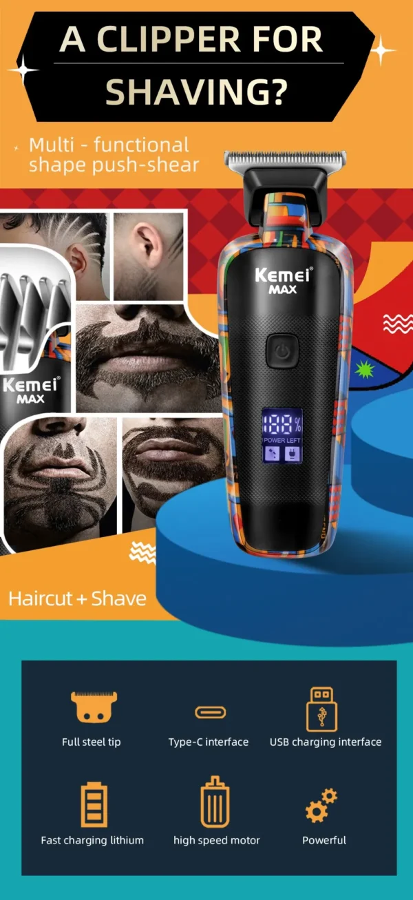 Kemei-5090 Hair Trimmers with Digital Display, Professional Barber Pusher for Men, Random Graffiti Pattern Hair Clipper Electric - Image 8