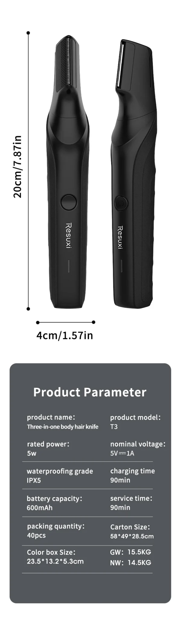 RESUXI T3 Men's 3 in 1 Multifunctional Electric Body Hair Trimmer Full Body Washable Shaver Portable Pubic Hair Clipper Razor - Image 7