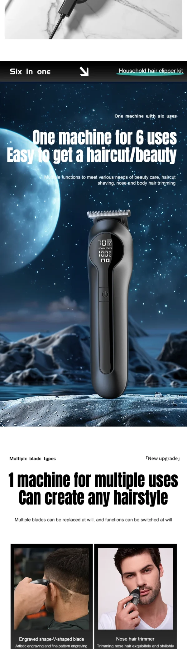 IRUIBEAUTY 986 6-in-1 Multifunctional Grooming Kit Rechargeable Waterproof Hair Clipper  Electric Shaver Nose Hair Trimmer - Image 12
