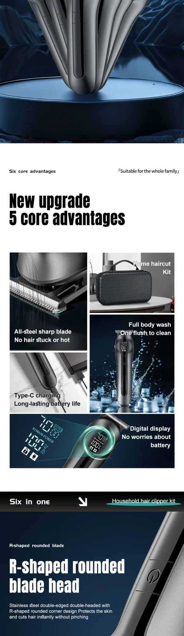IRUIBEAUTY 986 6-in-1 Multifunctional Grooming Kit Rechargeable Waterproof Hair Clipper  Electric Shaver Nose Hair Trimmer - Image 9
