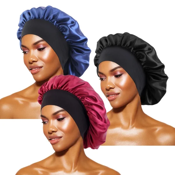 Women's Satin Solid Bonnets Wide-brimmed Night Sleeping Bathing Hat Unisex Head Wrap Elastic Band Cap Hair Care Bonnet - Image 10